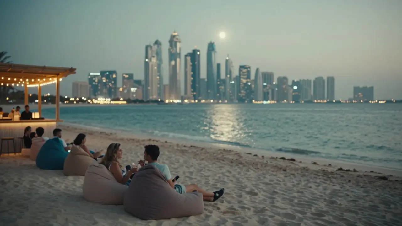 Beach bar at night with guests on bean bags, Dubai skyline reflected on calm water under moonlight.