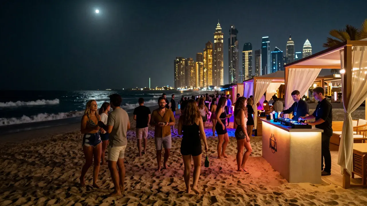Beach club at midnight with guests on sand, DJ booth lit up, Dubai skyline reflecting on the ocean.