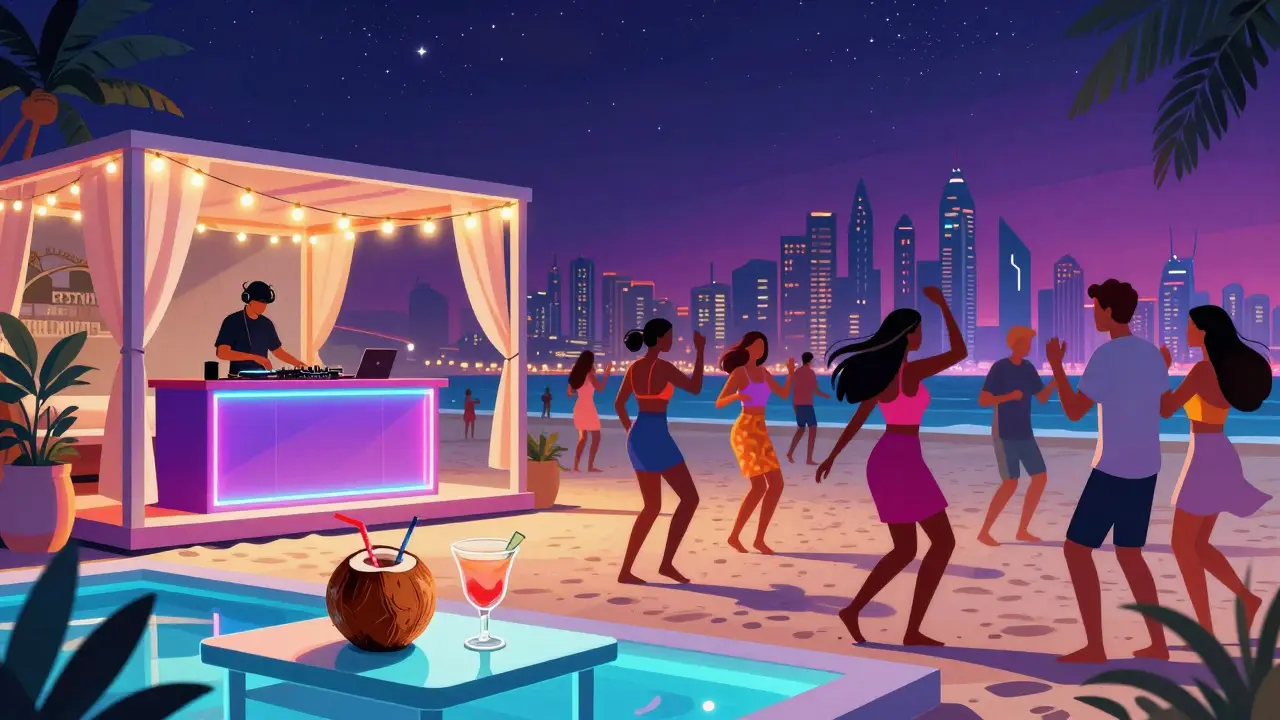 Beach club with string lights, dancers on sand, and pool under stars