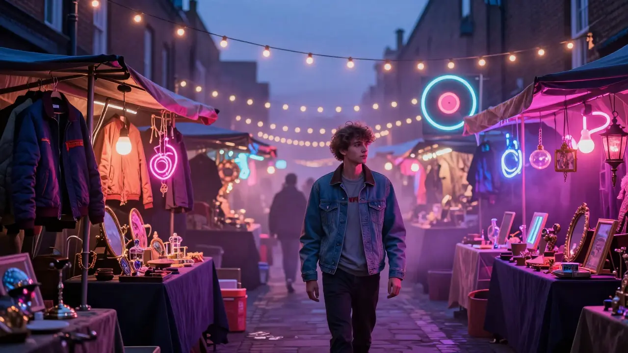 Camden Market at night with string lights, vintage clothing, and a shopper holding a leather jacket.