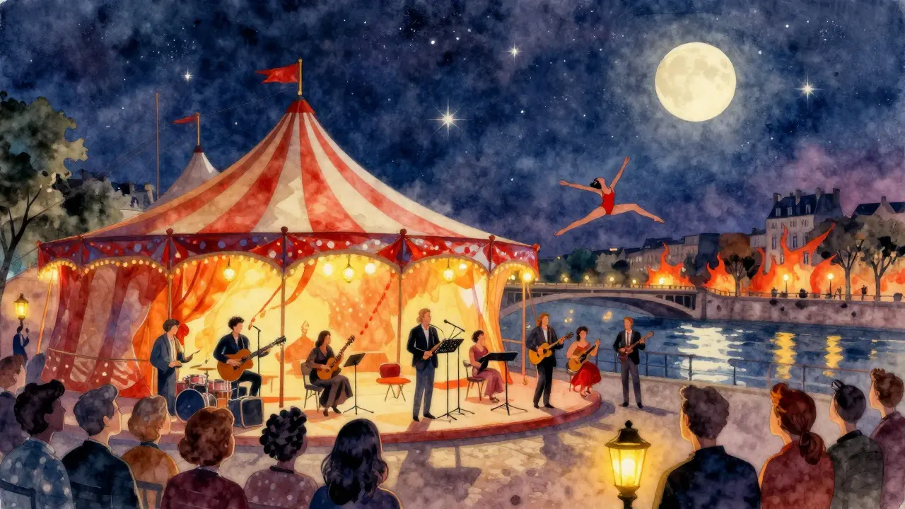 Circus tent cabaret by the Seine with acrobats and live music under stars