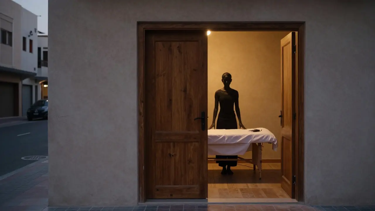Closed door of The Quiet Room at dusk, with a sliver of warm light revealing a serene, wordless massage space inside.