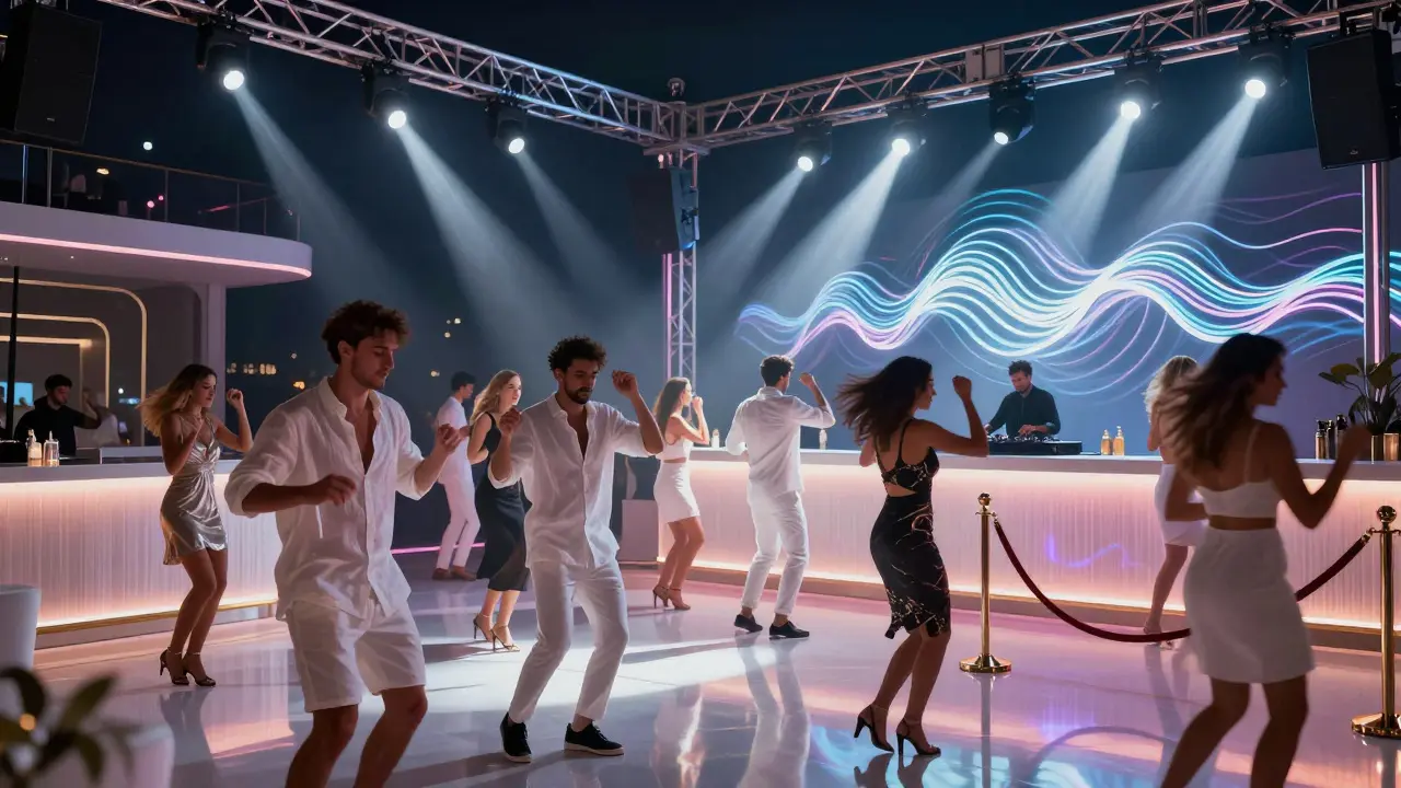 Crowd dancing at White Dubai club under colorful LED lights in elegant attire.