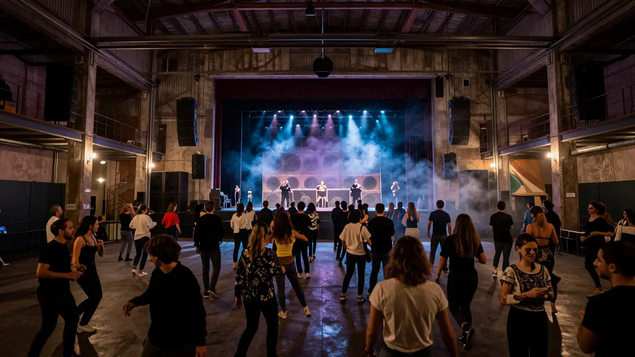 Crowd dancing in a converted theater club with powerful sound system and moody lighting.