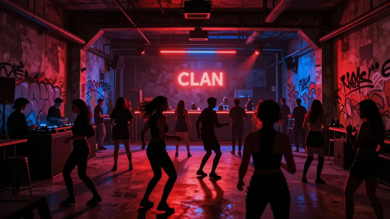 Crowd dancing in a dimly lit industrial nightclub with neon lights and concrete walls.