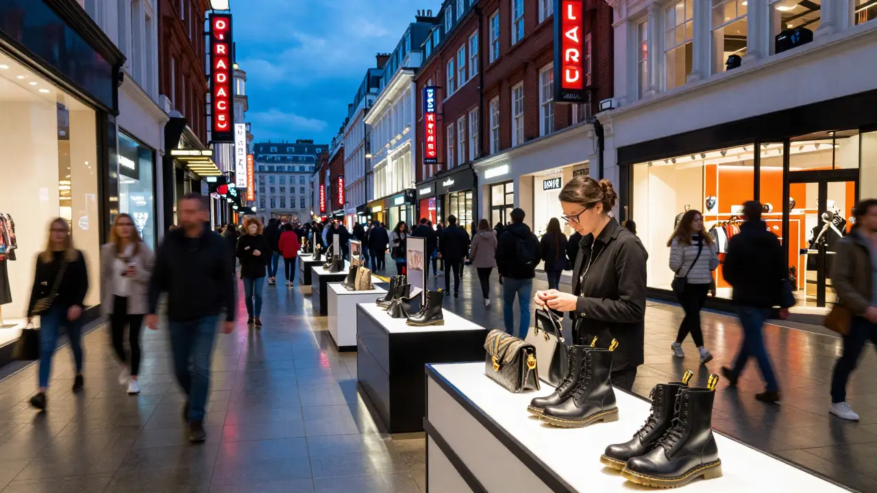 Crowded upper floor of Oxford Street department store with staff restocking designer boots and handbags.