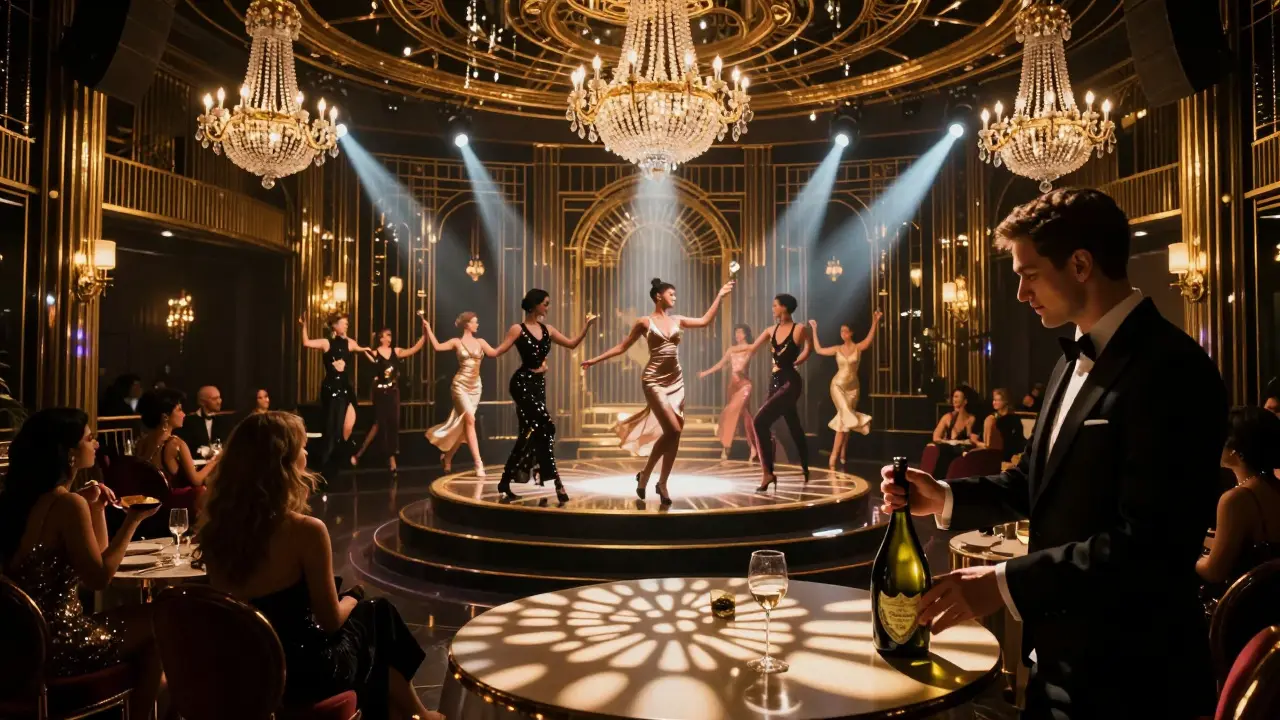 Dancers in sequins perform on a rotating stage in a gilded ballroom, guests sipping champagne in dim, elegant lighting.