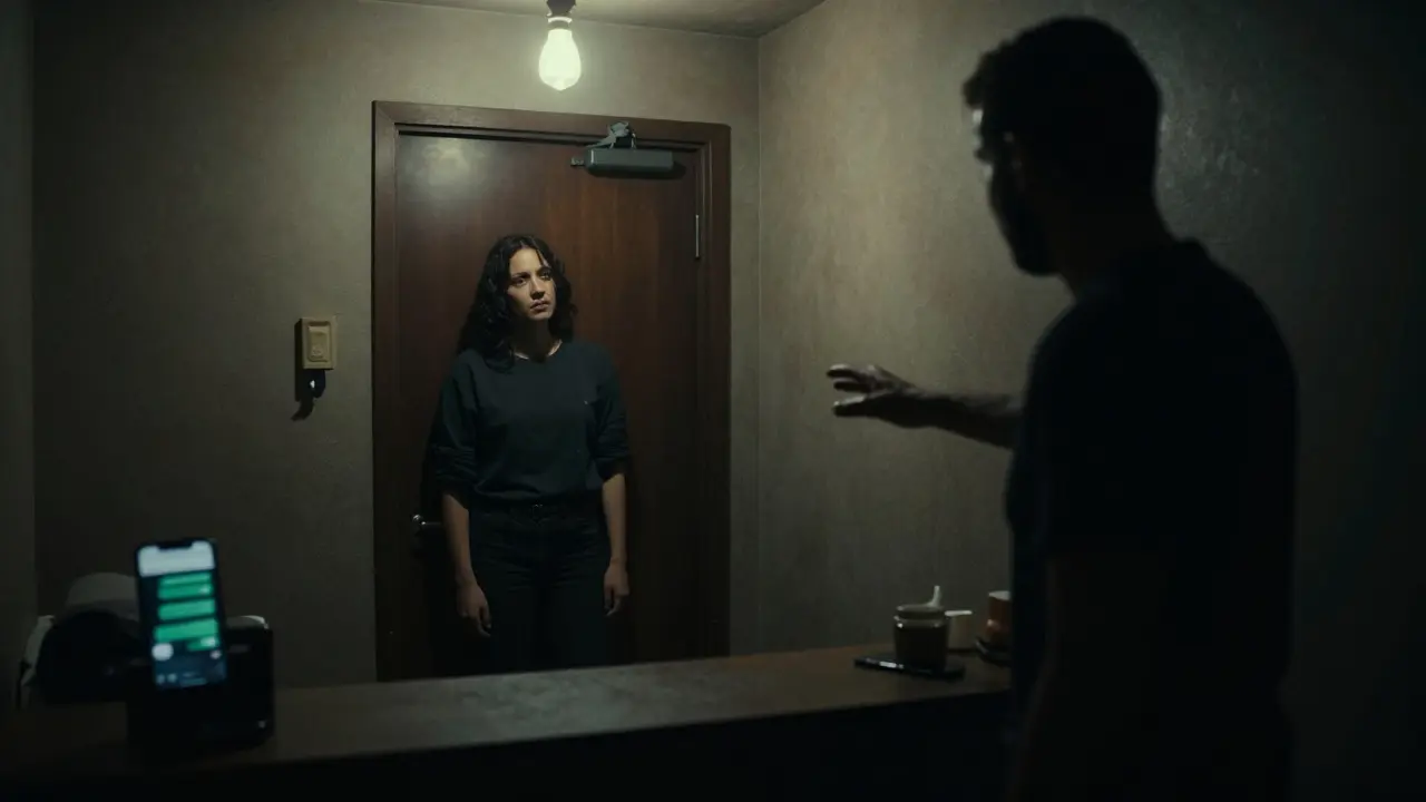 Dark, unlicensed massage room with hidden illegal activity and a client hesitating at the door.