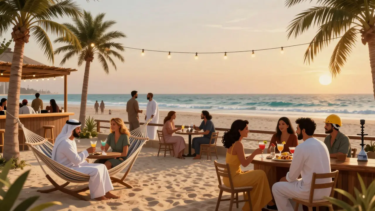 Diverse group of people relaxing at a beach bar with hammocks, sand, and ocean views under warm evening lights.