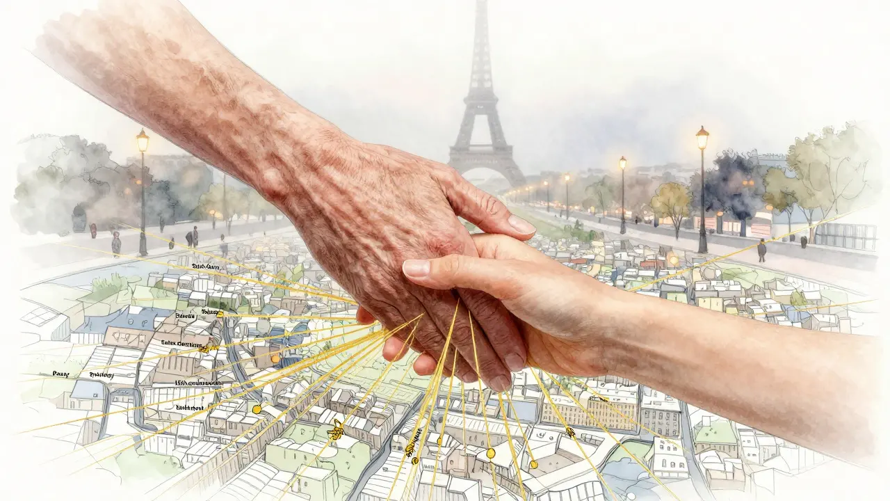 Golden threads connecting hands above a map of Paris, symbolizing healing touch across the city's quiet, discreet spaces.