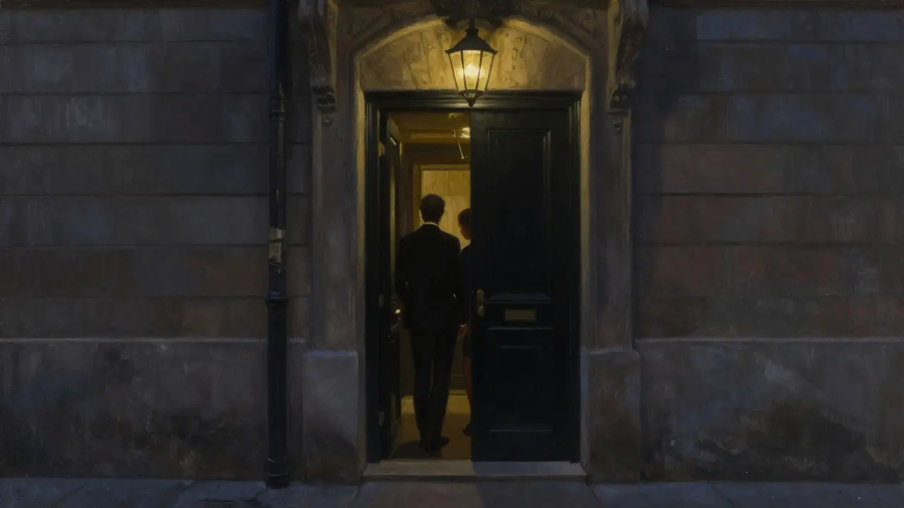 Hidden entrance to L’Abeille nightclub in a quiet alley, no sign, couple stepping inside under soft lamplight.