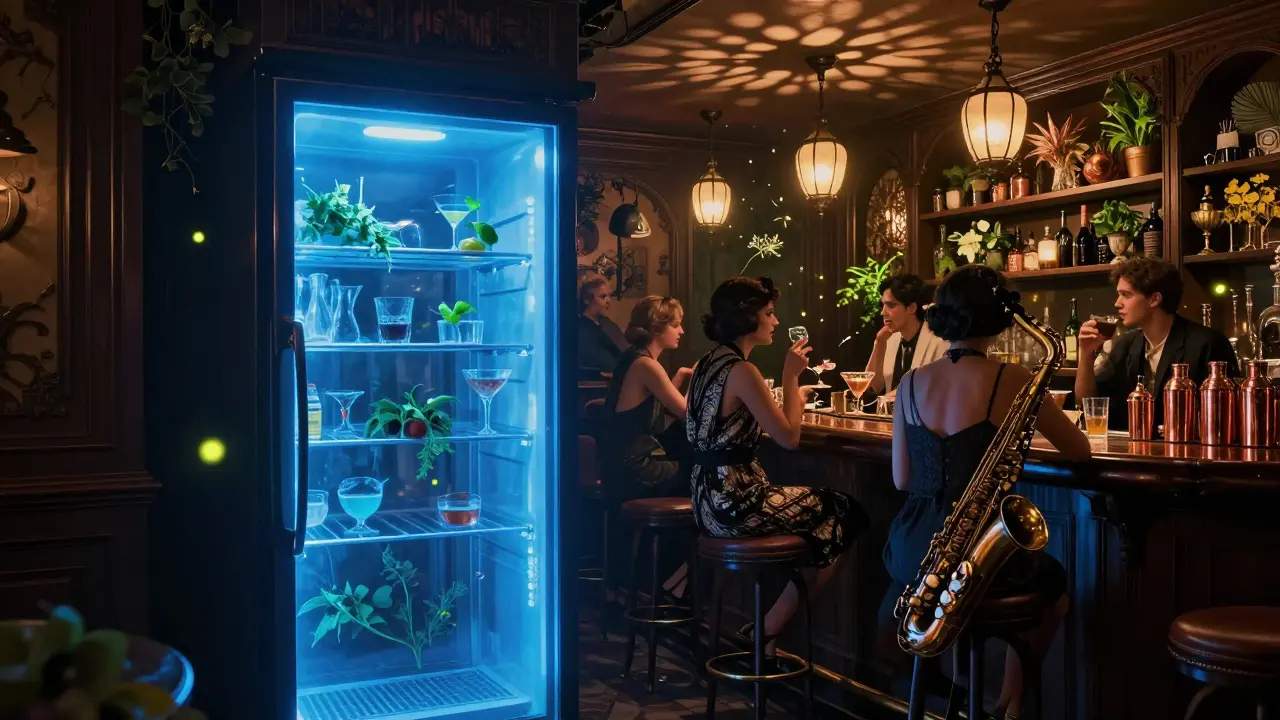 Hidden speakeasy behind a fridge door, glowing with botanical cocktails and vintage ambiance.