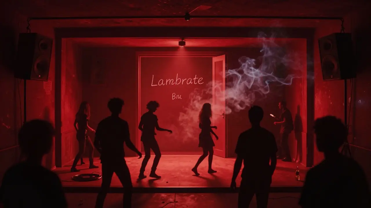 Hidden underground club with red lighting and silhouettes dancing, no signs, intimate atmosphere.