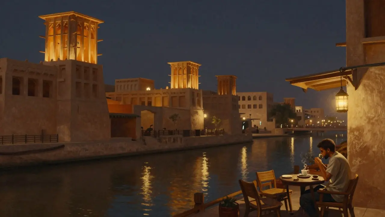 Historic district at night lit by lanterns, quiet café by the creek with traditional architecture.
