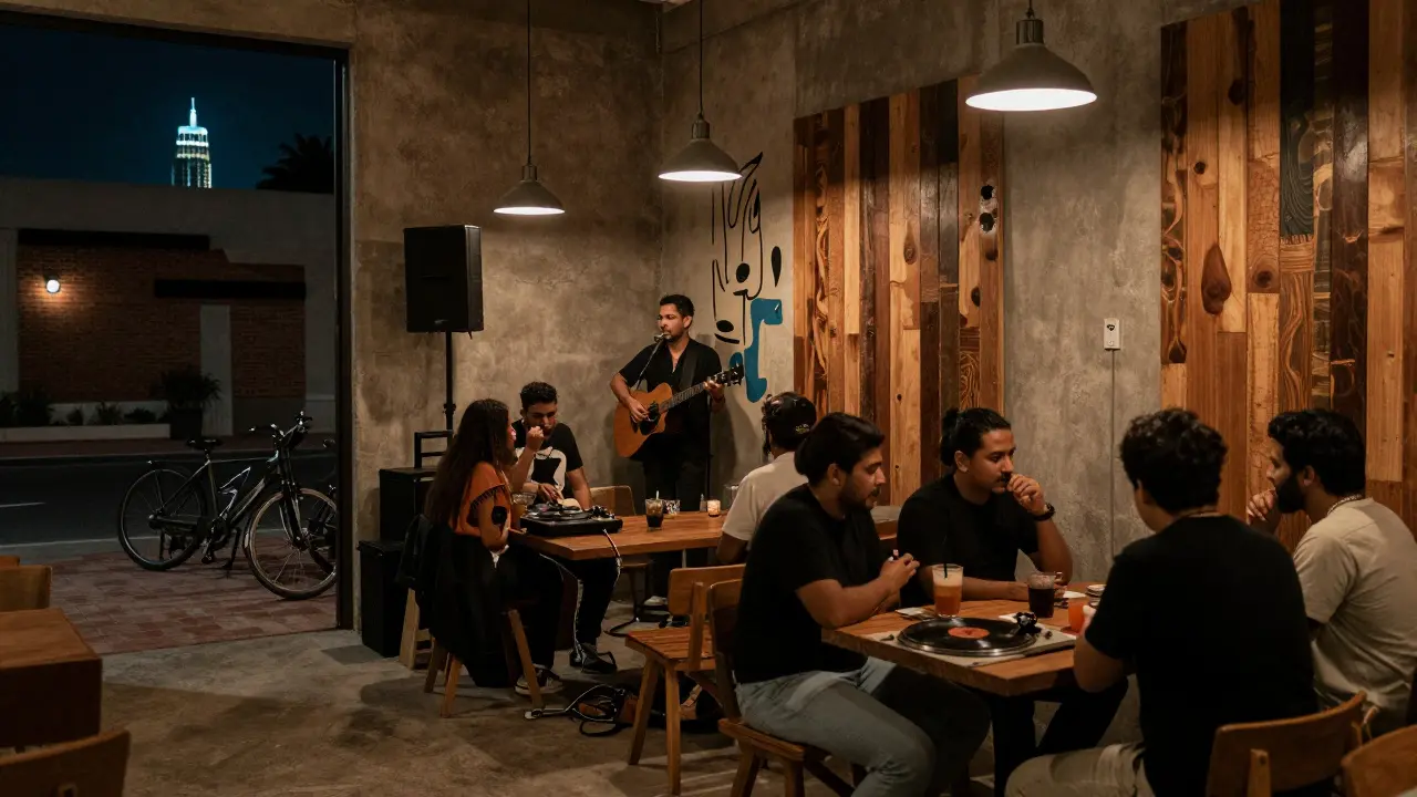 Industrial arts district bar with live music and vintage vinyl at night