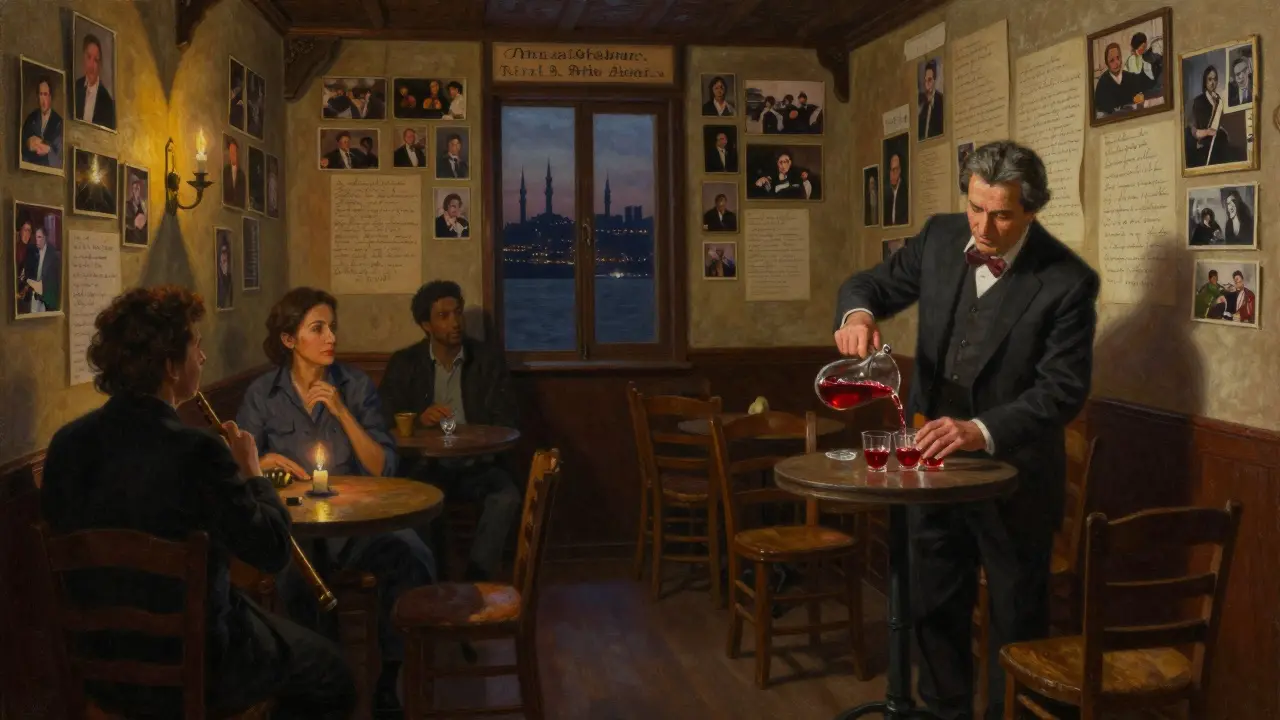 Intimate bar with a singer pouring cherry brandy, walls covered in photos, soft candlelight, and a view of Istanbul’s skyline.