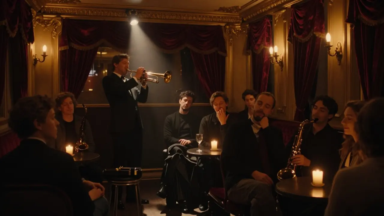 Intimate jazz performance in a gilded 19th-century ballroom with candlelit audience