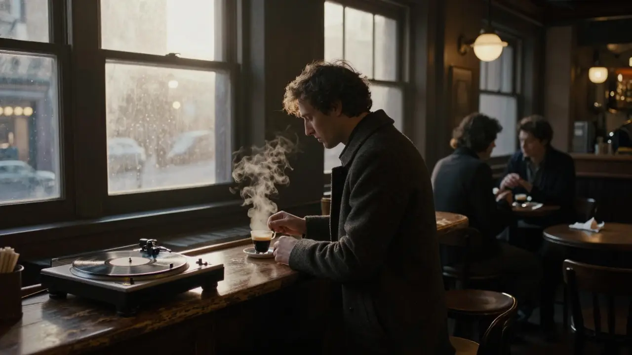 Late-night bar at dawn with a lone figure drinking espresso, vinyl spinning, soft morning light.