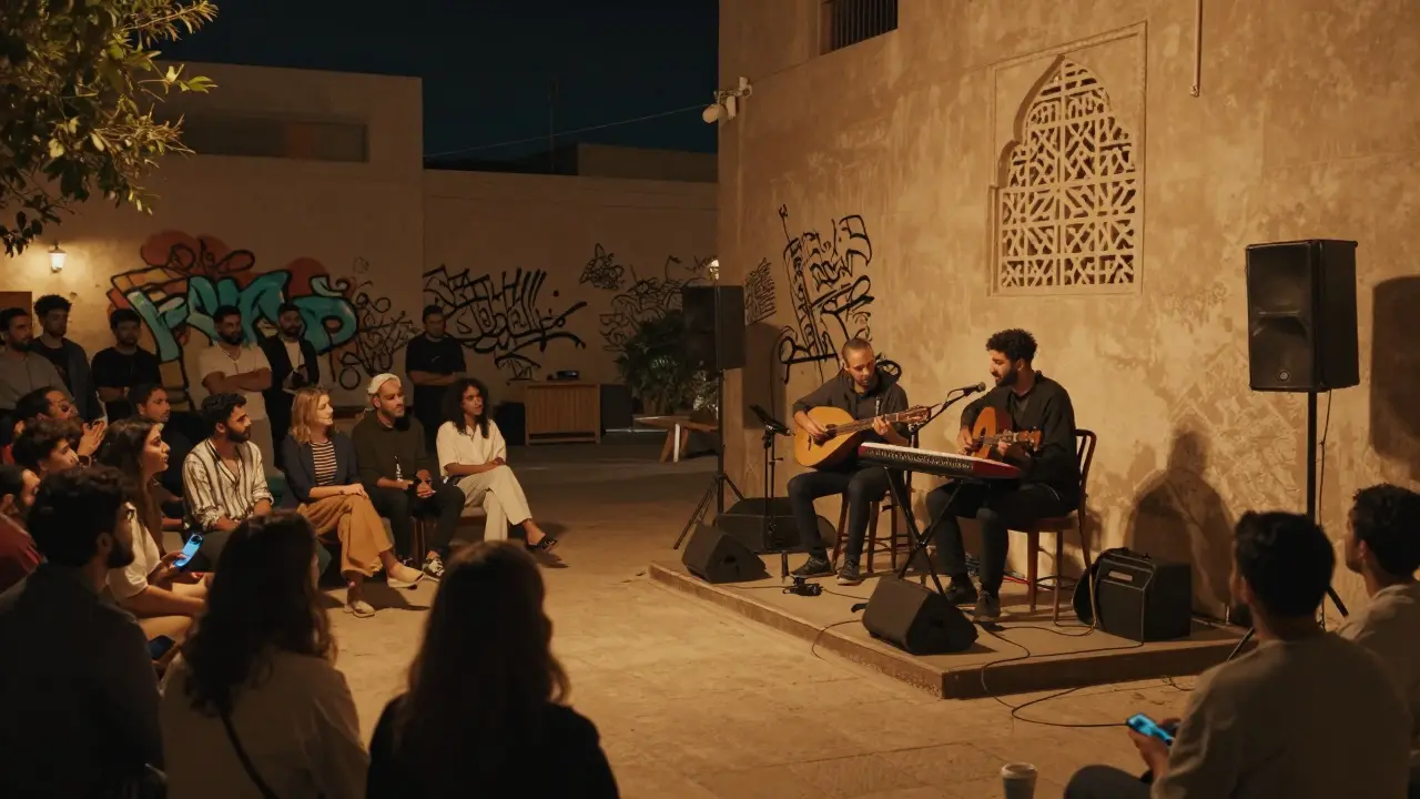 Live music venue in Alserkal Avenue with musicians playing oud and synths, crowd listening intently in warm lighting.
