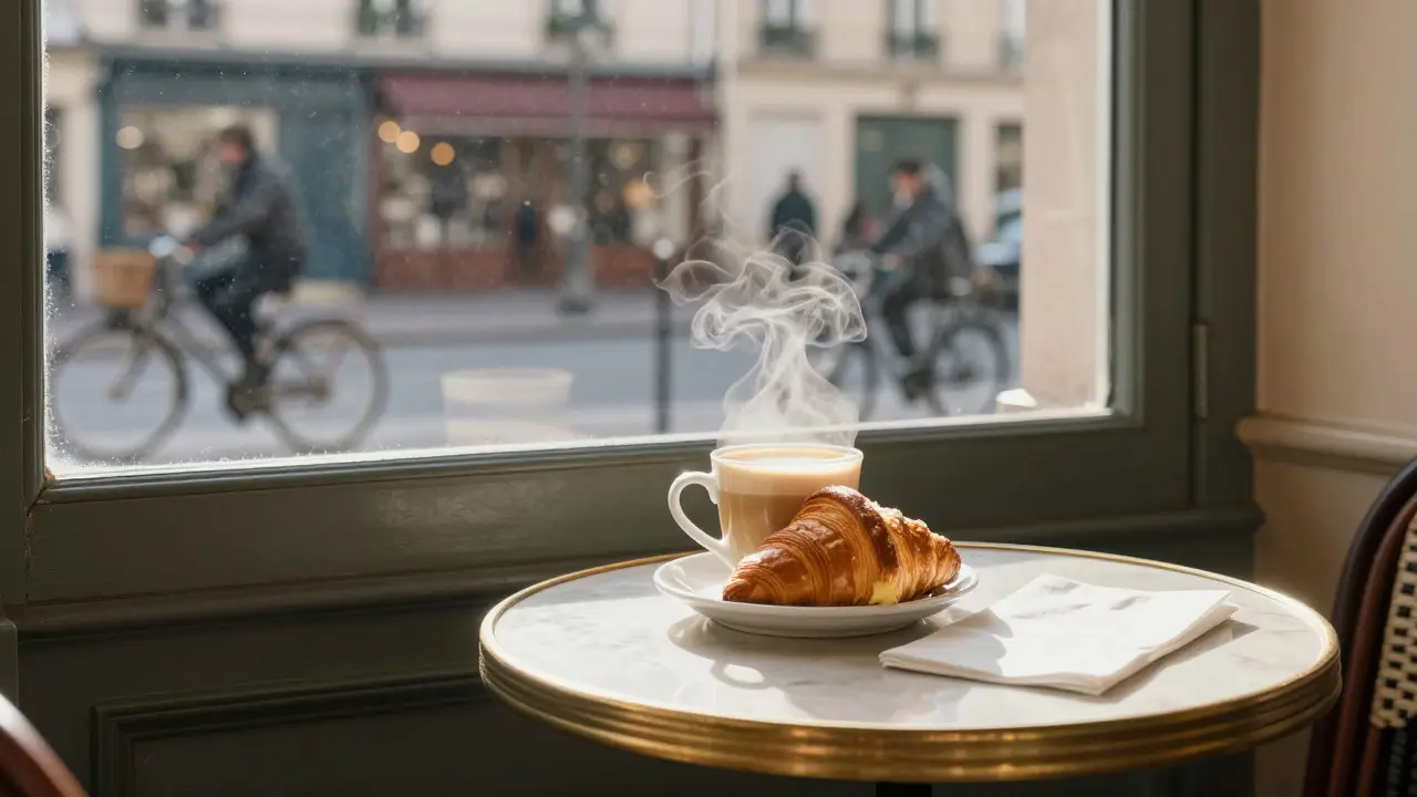Morning light at a Parisian bakery table with coffee and croissant as the city awakens.