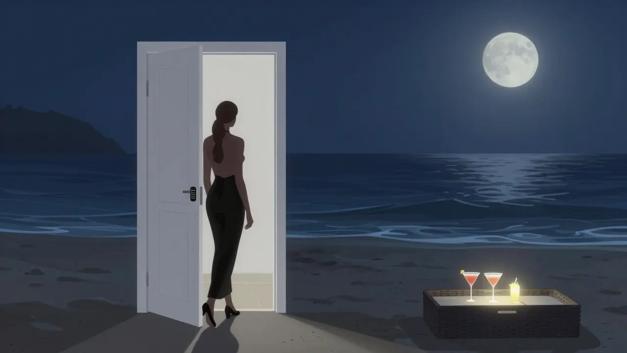 Mysterious white door at La Réserve beach lounge under moonlight, no people, only ambient glow.