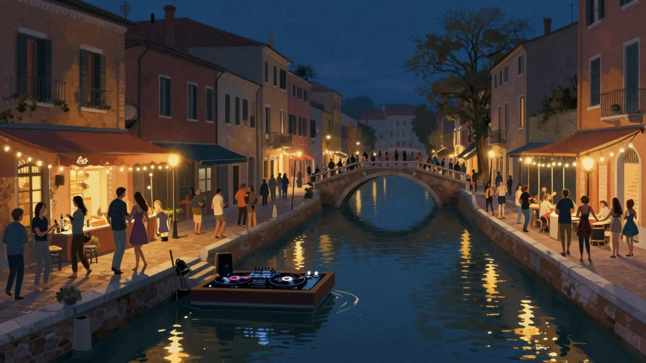 Navigli canal at night with people dancing on a bridge under fairy lights and lantern-lit terraces.