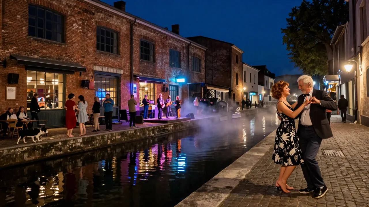 Nighttime Navigli canal with people dancing to live jazz, lantern reflections on water.