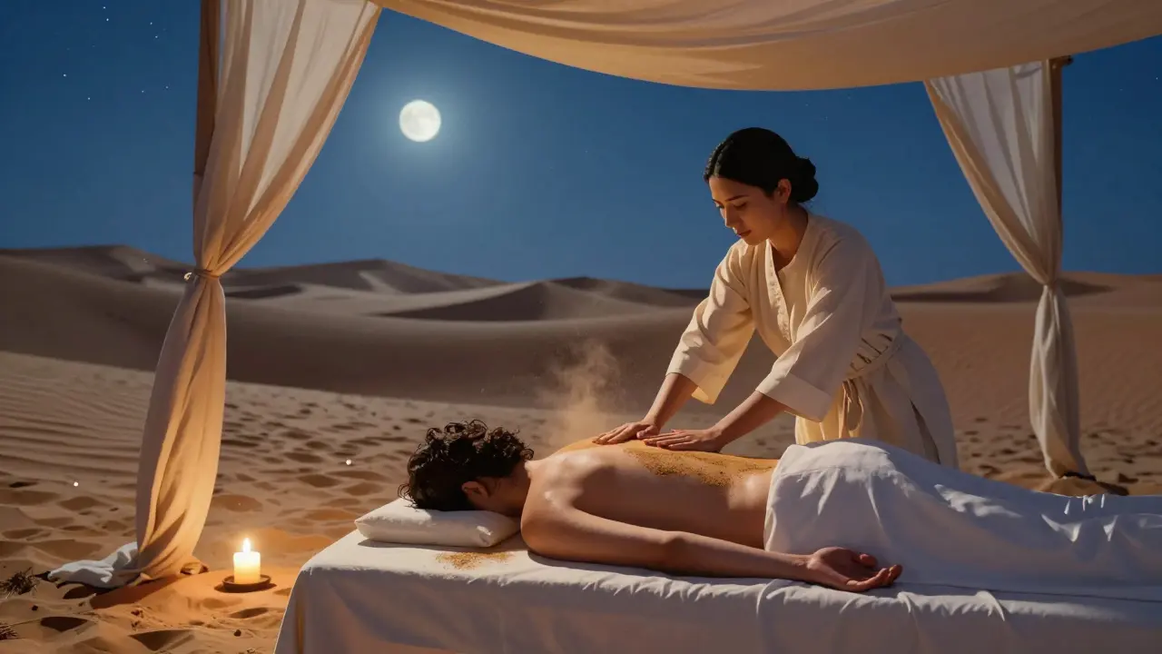 Outdoor desert massage under starlit canopy with warm sand applied to the back, surrounded by dunes and candlelight.