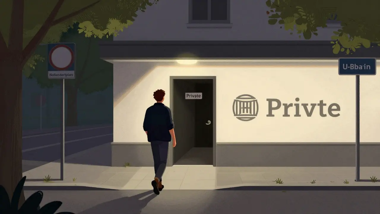 Person walking from dark unlicensed door toward a well-lit, signposted legal massage studio.