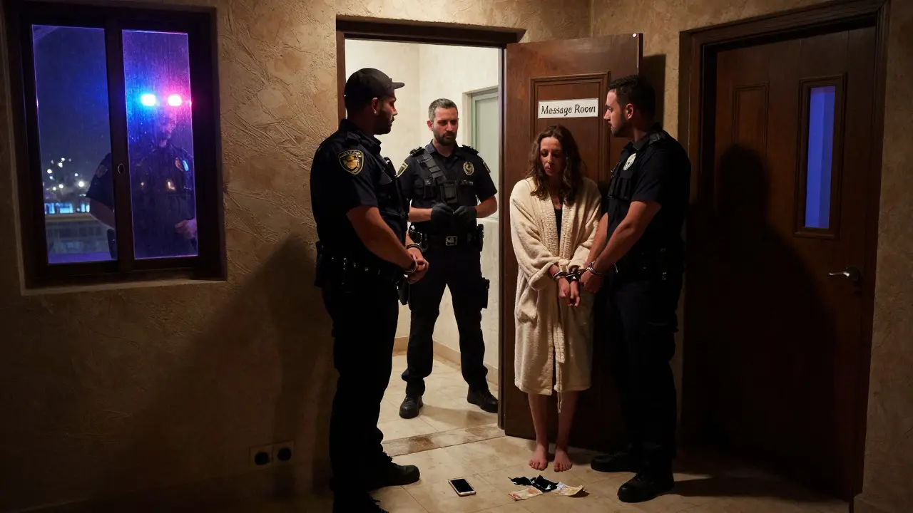 Police arresting a tourist in a private villa after a suspected illegal massage attempt, lights flashing.