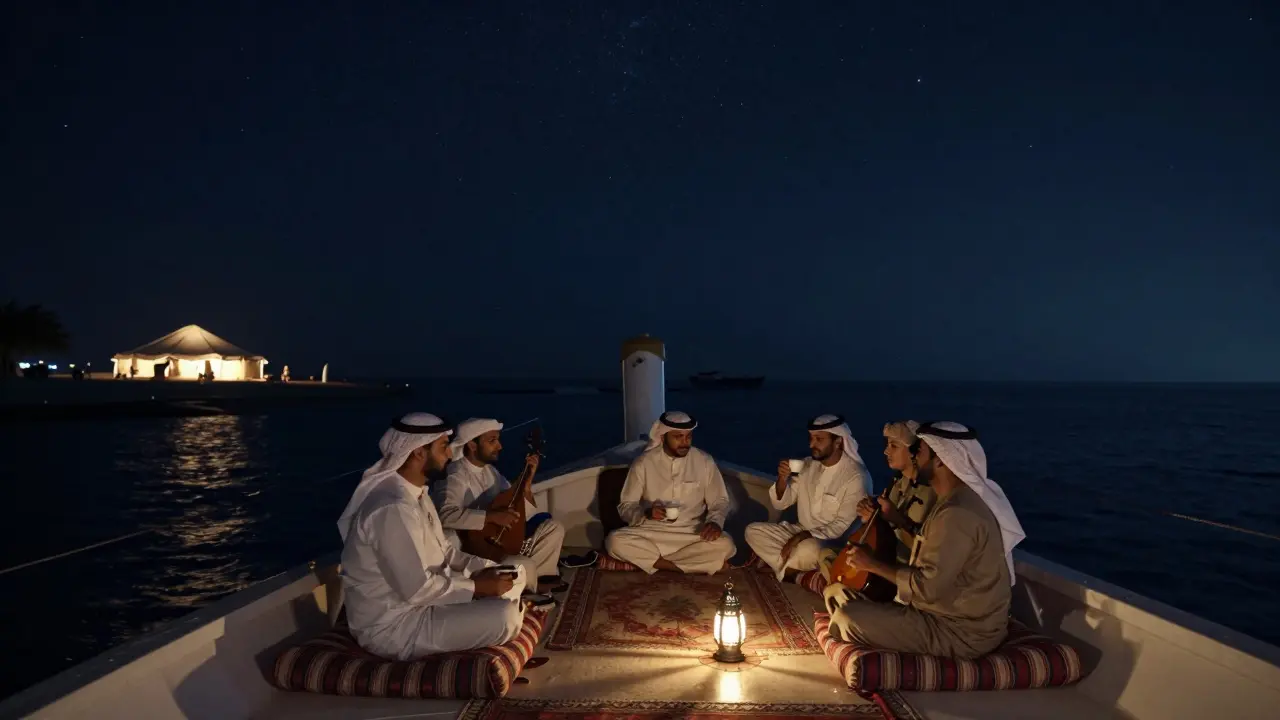 Private dhow cruise at night under a starry sky, with guests relaxing in silence as lanterns glow and oud music fades into the waves.