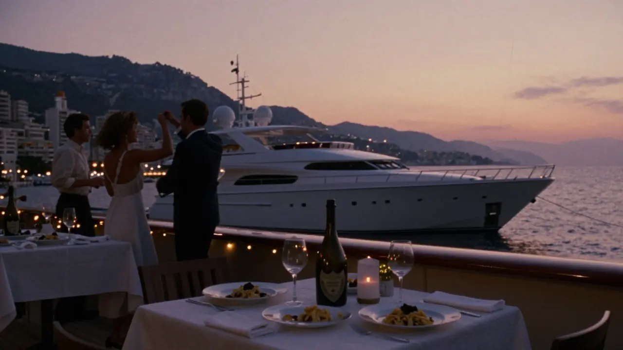 Private yacht at dawn near Monaco Rock, guests dancing quietly under string lights.