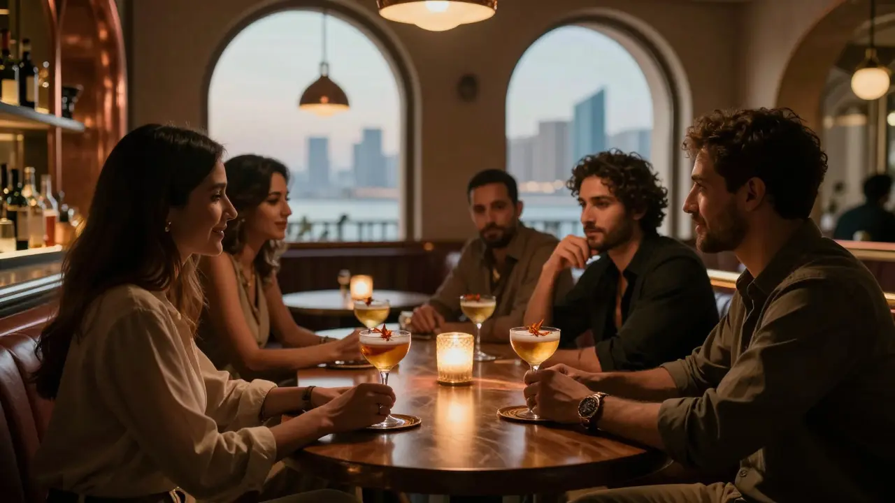 Quiet bar interior at Al Dawaar with people conversing over artisanal cocktails in elegant lighting.