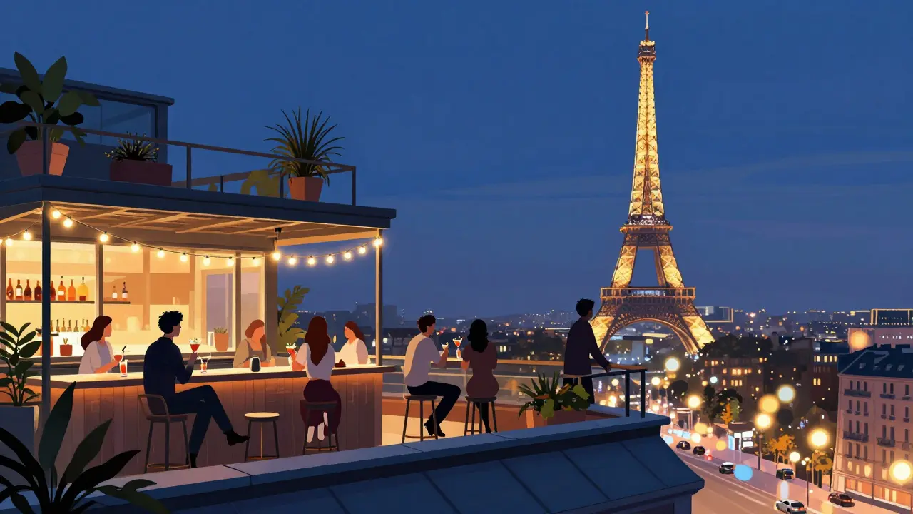 Rooftop bar with Eiffel Tower view, patrons sipping cocktails under string lights at dusk.