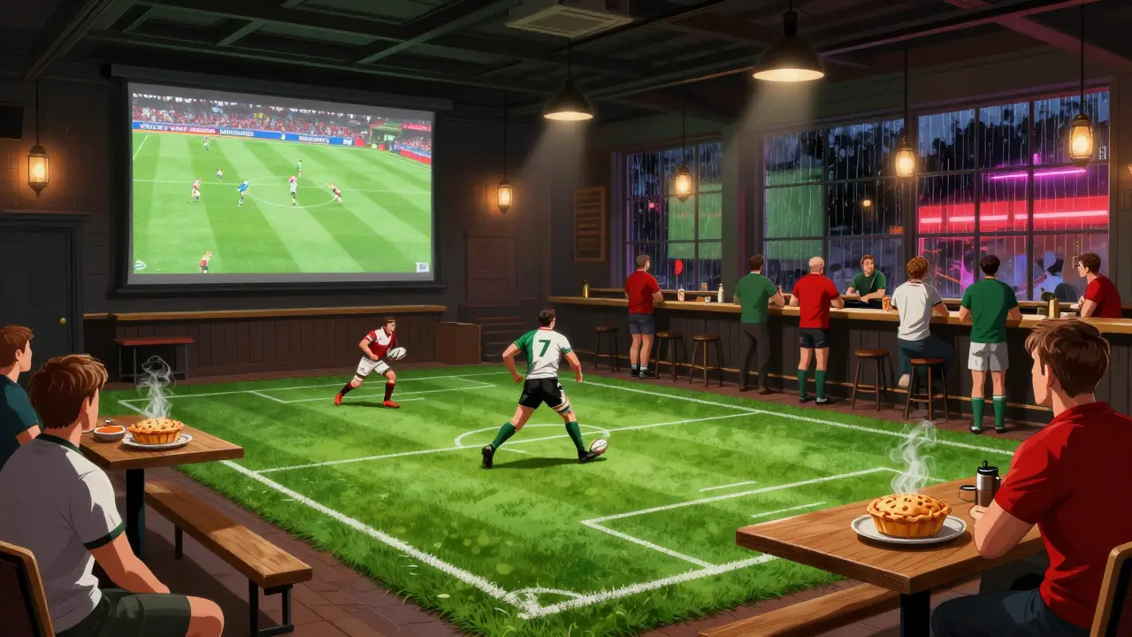 Rugby fans chanting in a bar with a painted pitch floor during a Six Nations match.