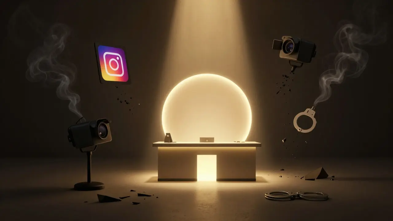 Safe legal spa glowing brightly while illegal scams crumble into darkness, symbolizing choice and consequence.