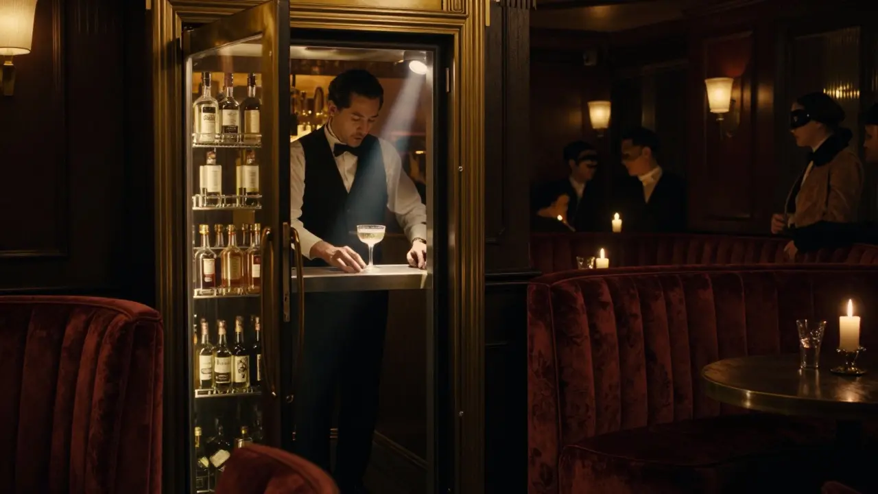 Secret speakeasy lounge with vintage decor and dim candlelight, hidden behind a refrigerator door.