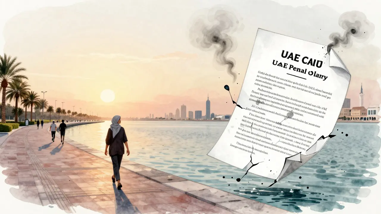 Split image: peaceful Corniche walk vs. legal consequences of illegal massage services.