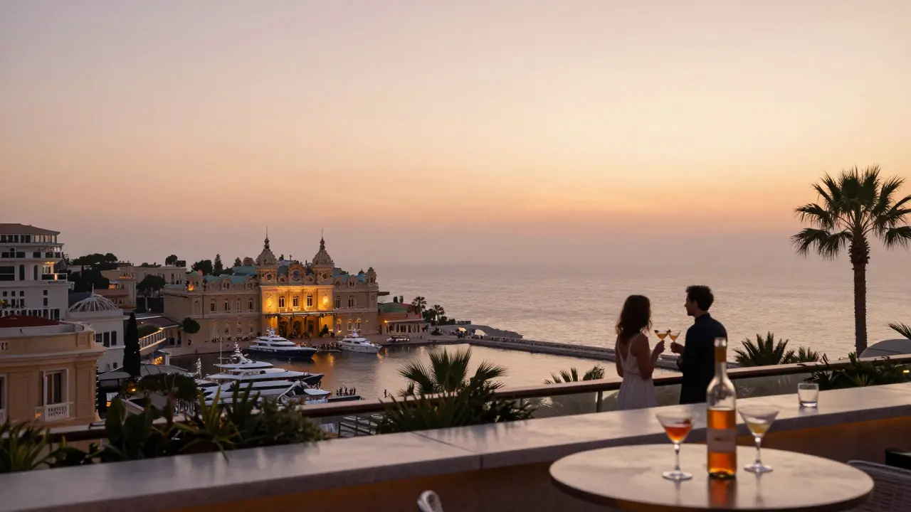 Sunrise over Monaco's harbor from Le Perle rooftop, couple holding cocktails as golden light touches the sea.