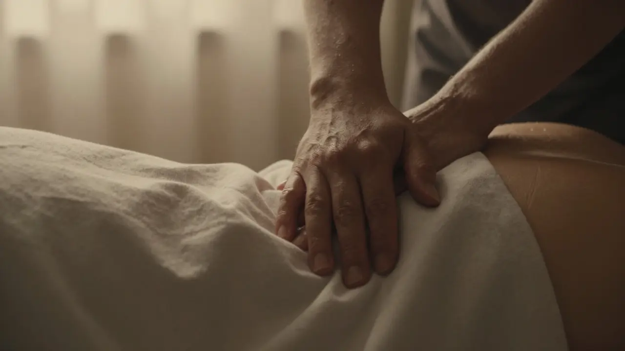 Therapist's hand resting gently on a client's back through a draped sheet, conveying trust and tenderness.