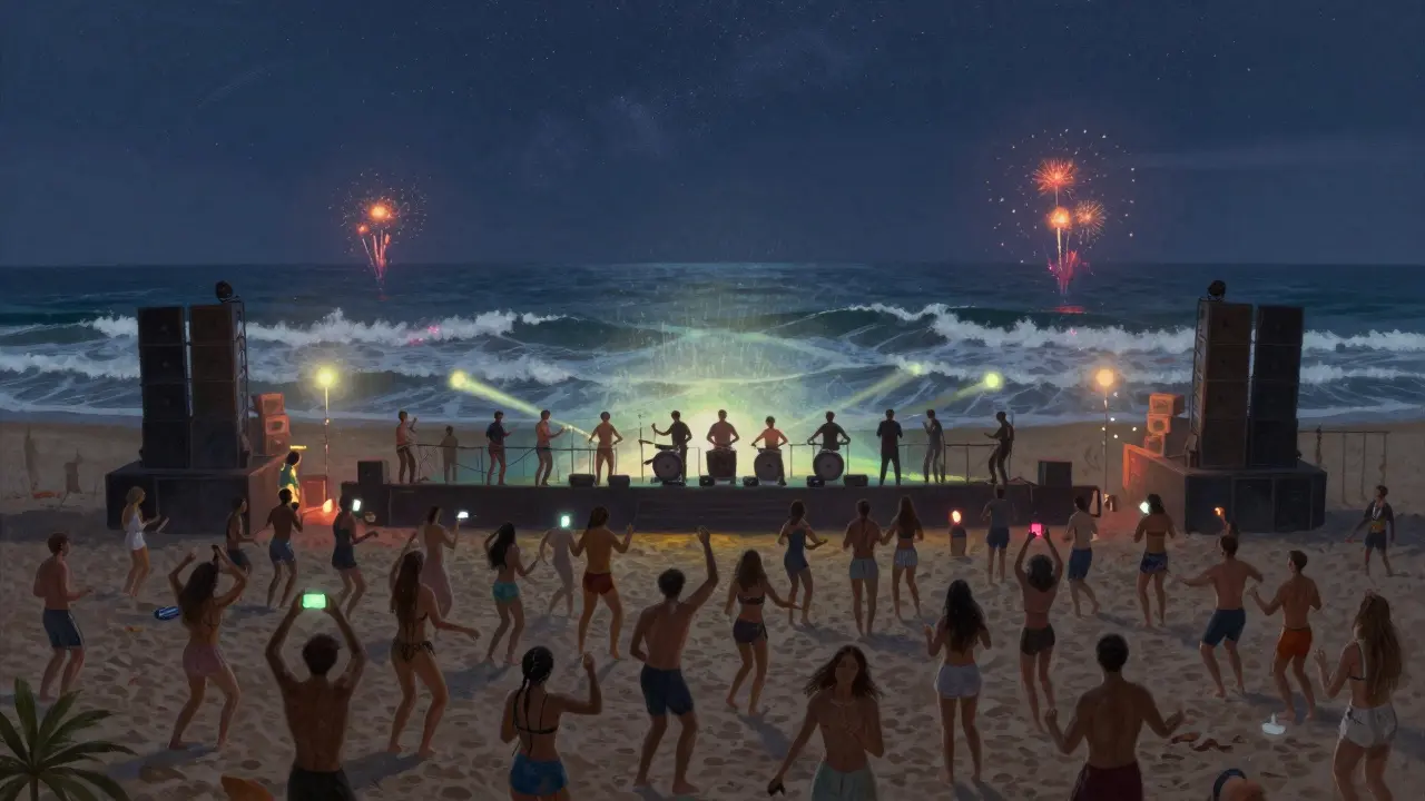 Thousands dancing on beach at night under fireworks with sound system overlooking Mediterranean