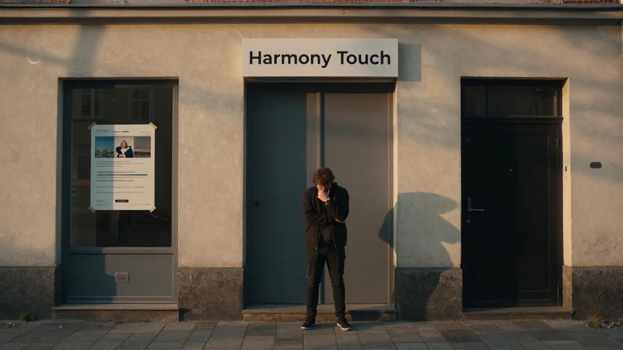 Three doors on a Berlin street, representing different types of massage businesses at golden hour.