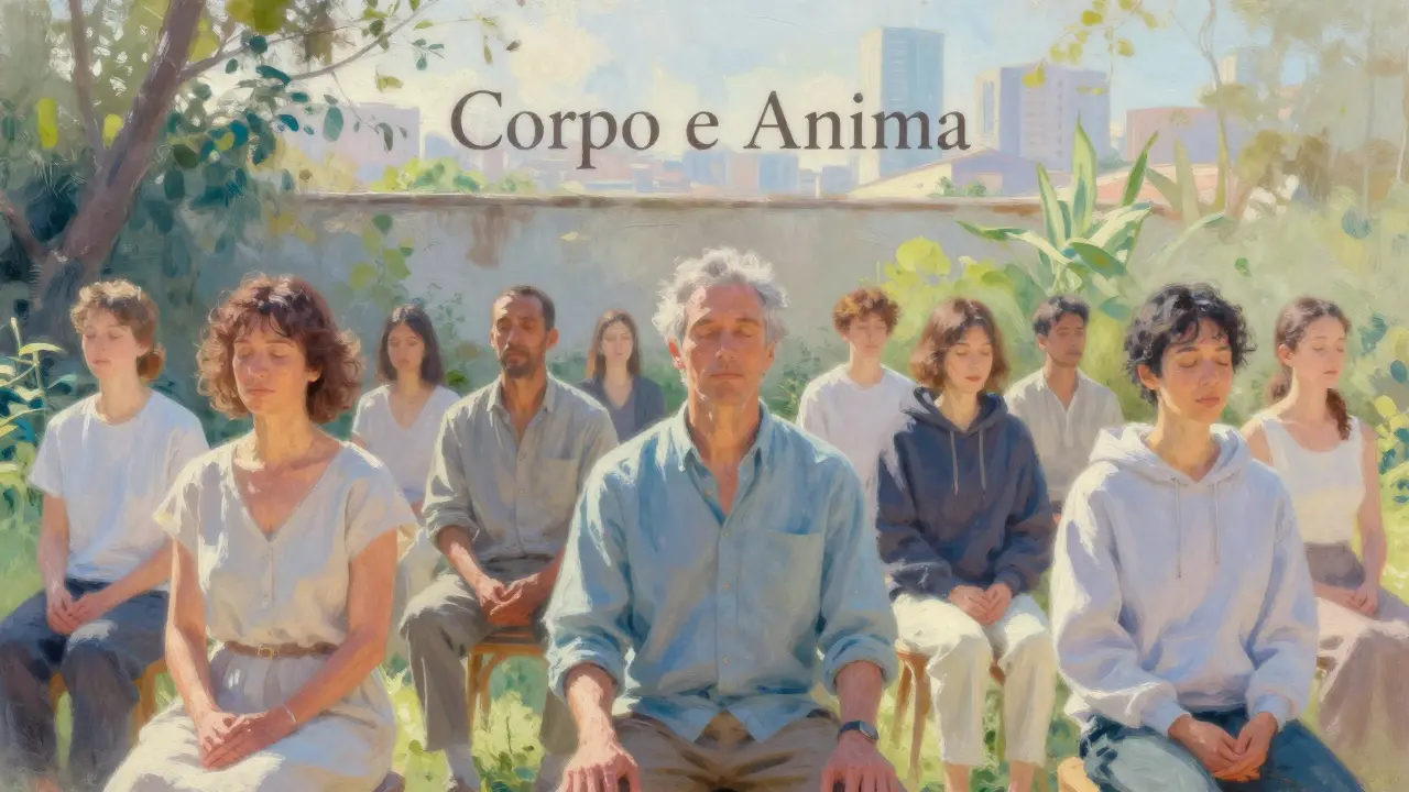 Three individuals sitting quietly in a sunlit garden, eyes closed, breathing deeply after a healing touch experience.