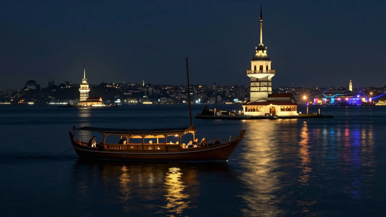 Traditional boat on the Bosphorus at night, golden city lights reflecting on water, Maiden’s Tower in distance, cultural harmony in motion.