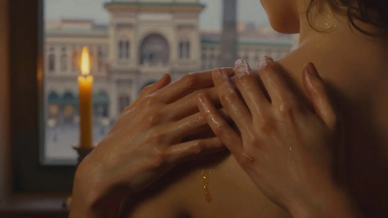 Two hands softly touching along a spine, illuminated by candlelight in a serene intimate setting.