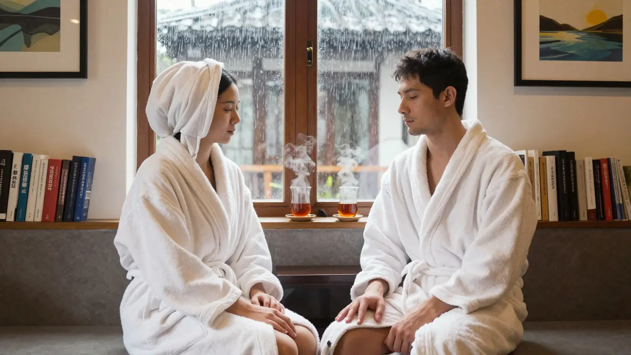 Two partners wrapped in robes, sharing quiet tea after a session, hand resting on knee.