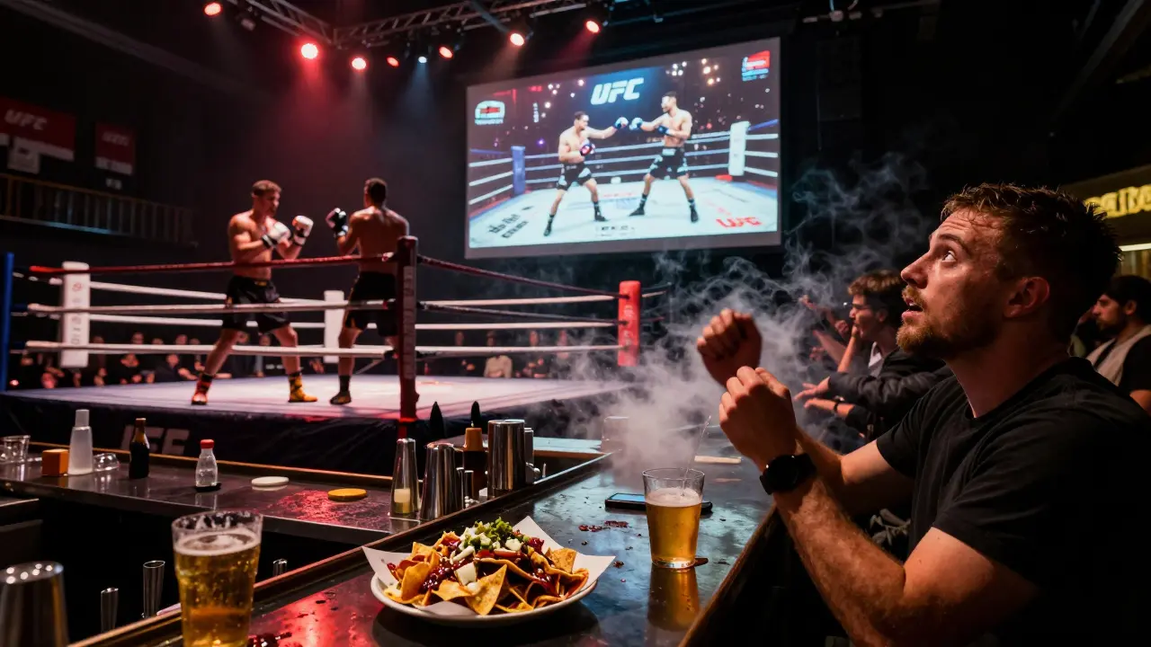 UFC fans cheering in a bar with a live ring in the background during a fight night.