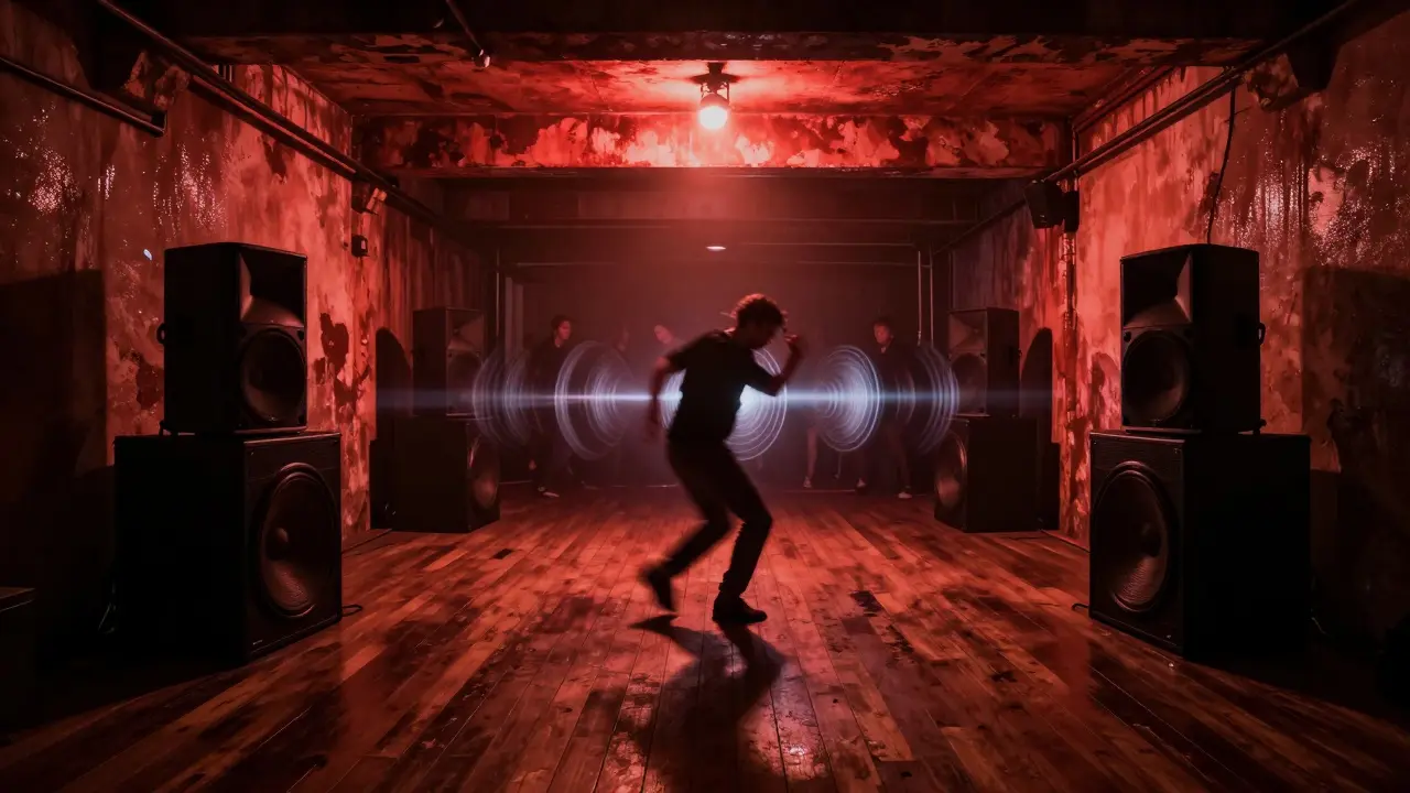 Underground club Magazzini Generali at 3 a.m., dim red lighting and dancers immersed in deep bass music.