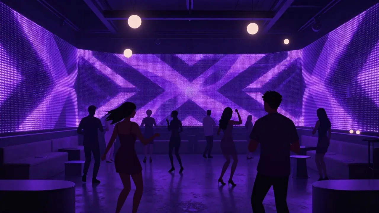 Underground nightclub with glowing LED walls and a diverse crowd dancing without phones, immersed in immersive light and sound.