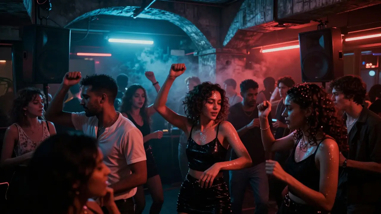 Underground techno club with strobing lights and energetic crowd dancing